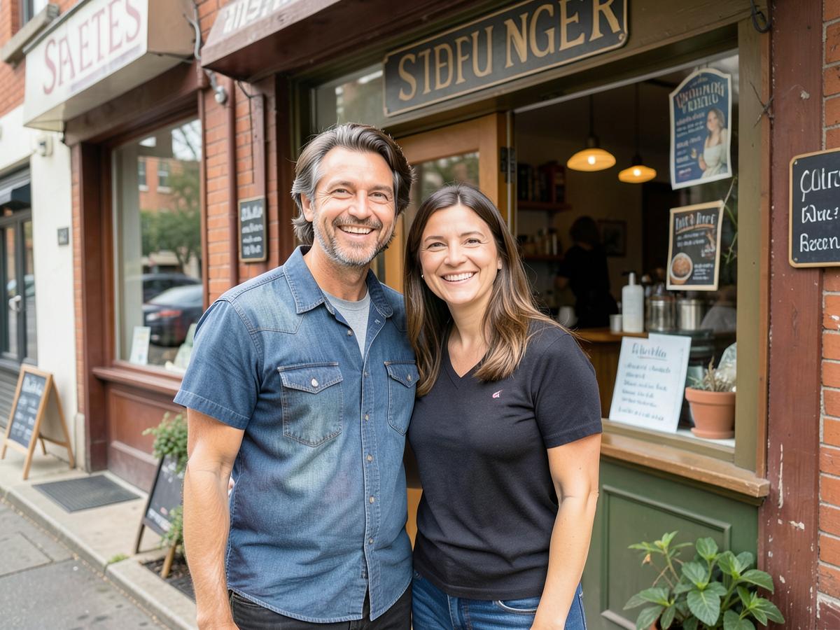 Two small-business owners standing together in front of their local storefront